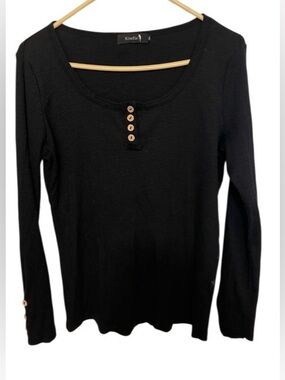 Kiss Black Ribbed Long-Sleeve Henley Top with Wooden Buttons